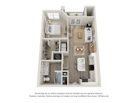 A 3D floor plan of a small apartment with a kitchen, living room, and bathroom.